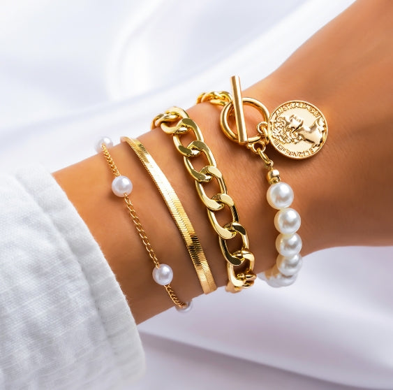 IWAMON-BIJOUX-Set de 4 bracelets dorés sophistiqués