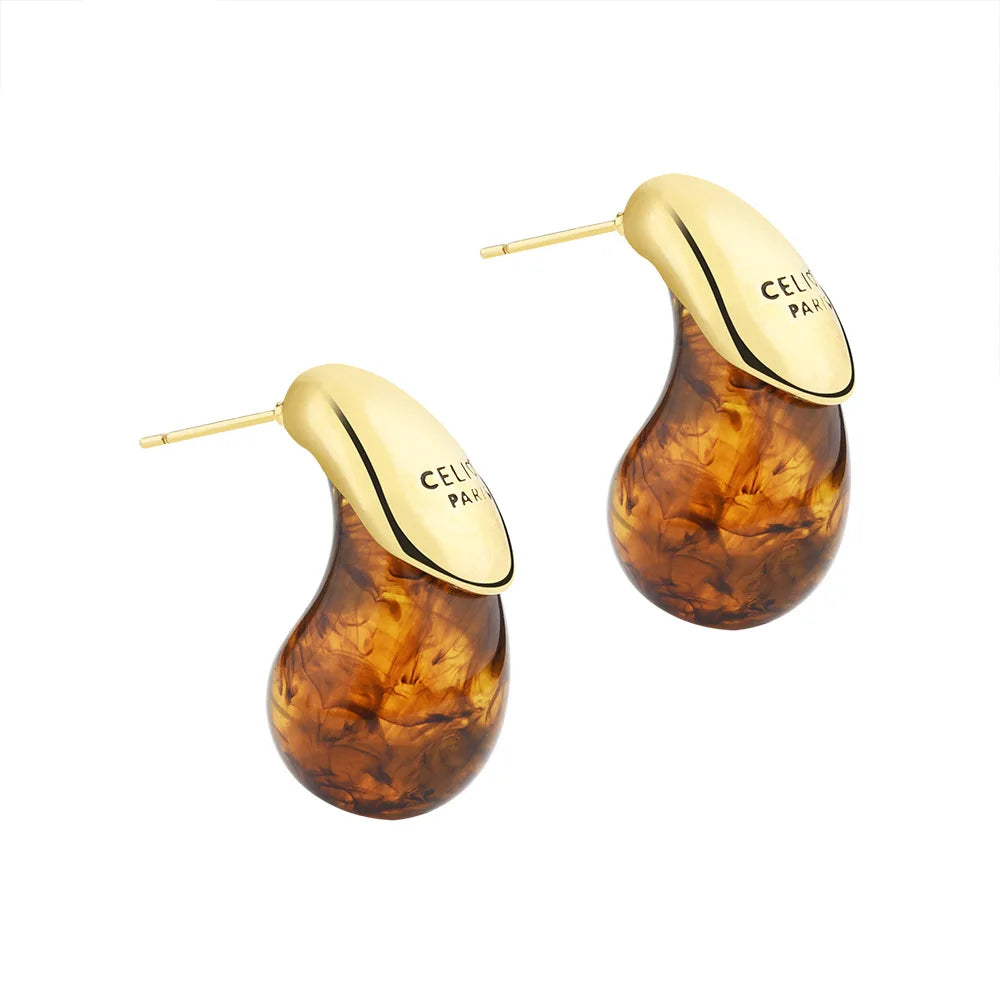 Boucles d'Oreilles Goutte d'Eau - Résine Ambrée Plaqué Or