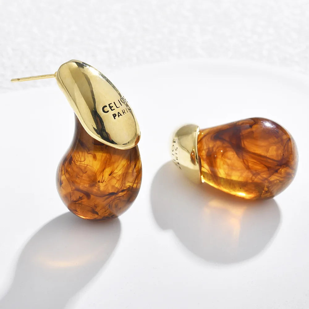 Boucles d'Oreilles Goutte d'Eau - Résine Ambrée Plaqué Or