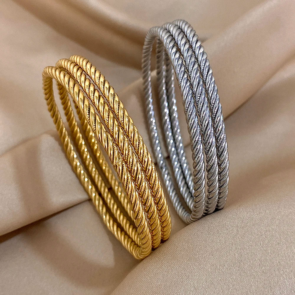 Ensemble de 3 Bracelets Joncs en Acier Inoxydable Plaqué Or 18K pour Femme Tendance Chic Torsadés