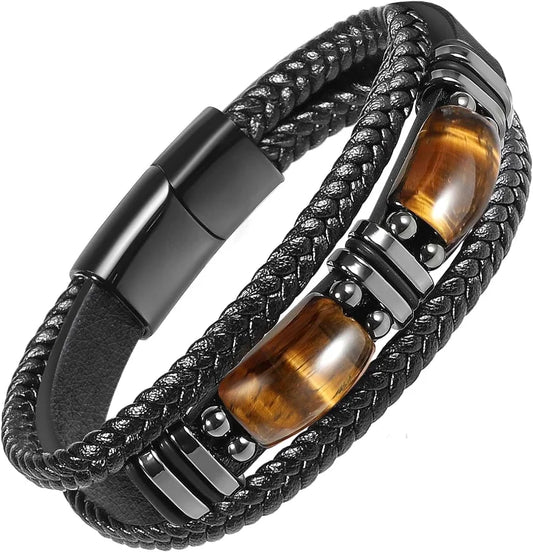 IWAMON-BIJOUX- Bracelet Masculin Cuir Tressé Noir & Œil de Tigre