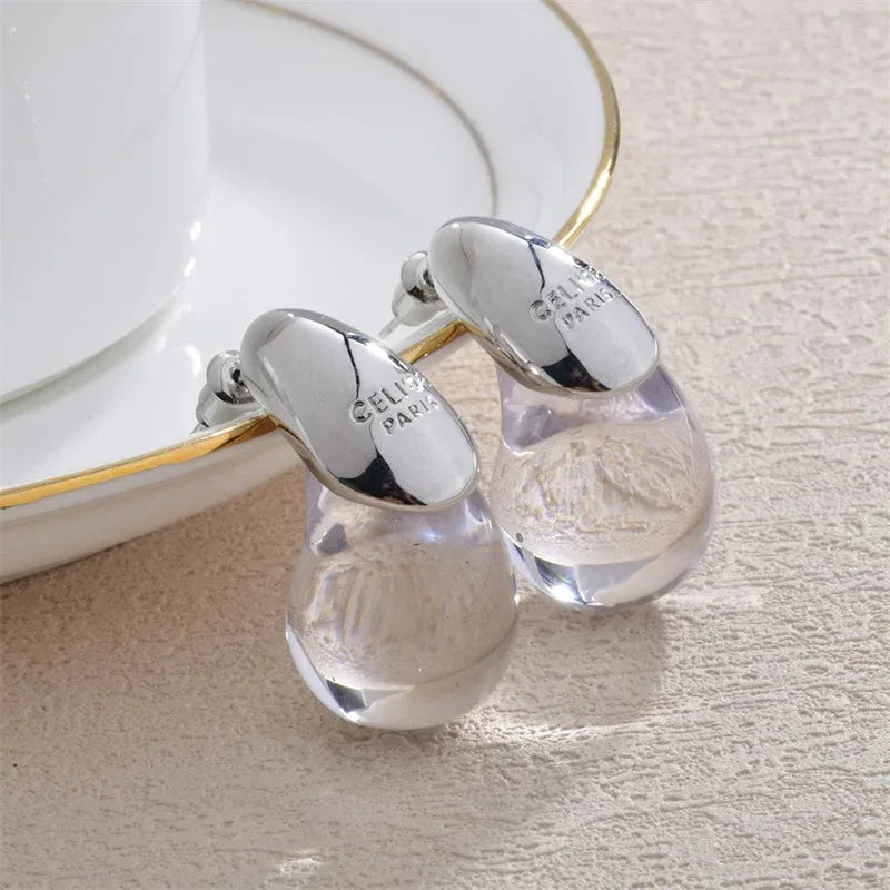 Boucles d'Oreilles Goutte d'Eau - Résine Ambrée Plaqué Or