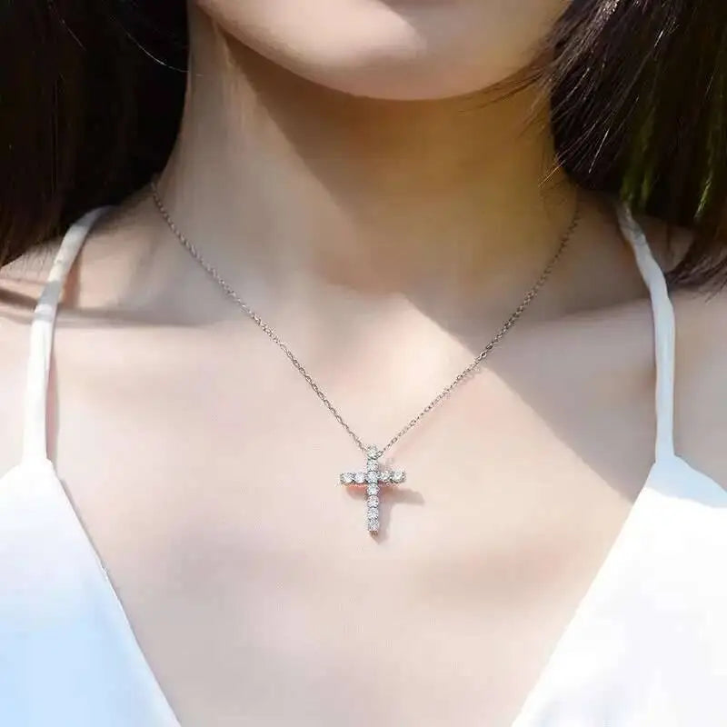 IWAMON-BIJOUX-Collier Croix Moissanite - Argent 925 Plaqué Or Blanc