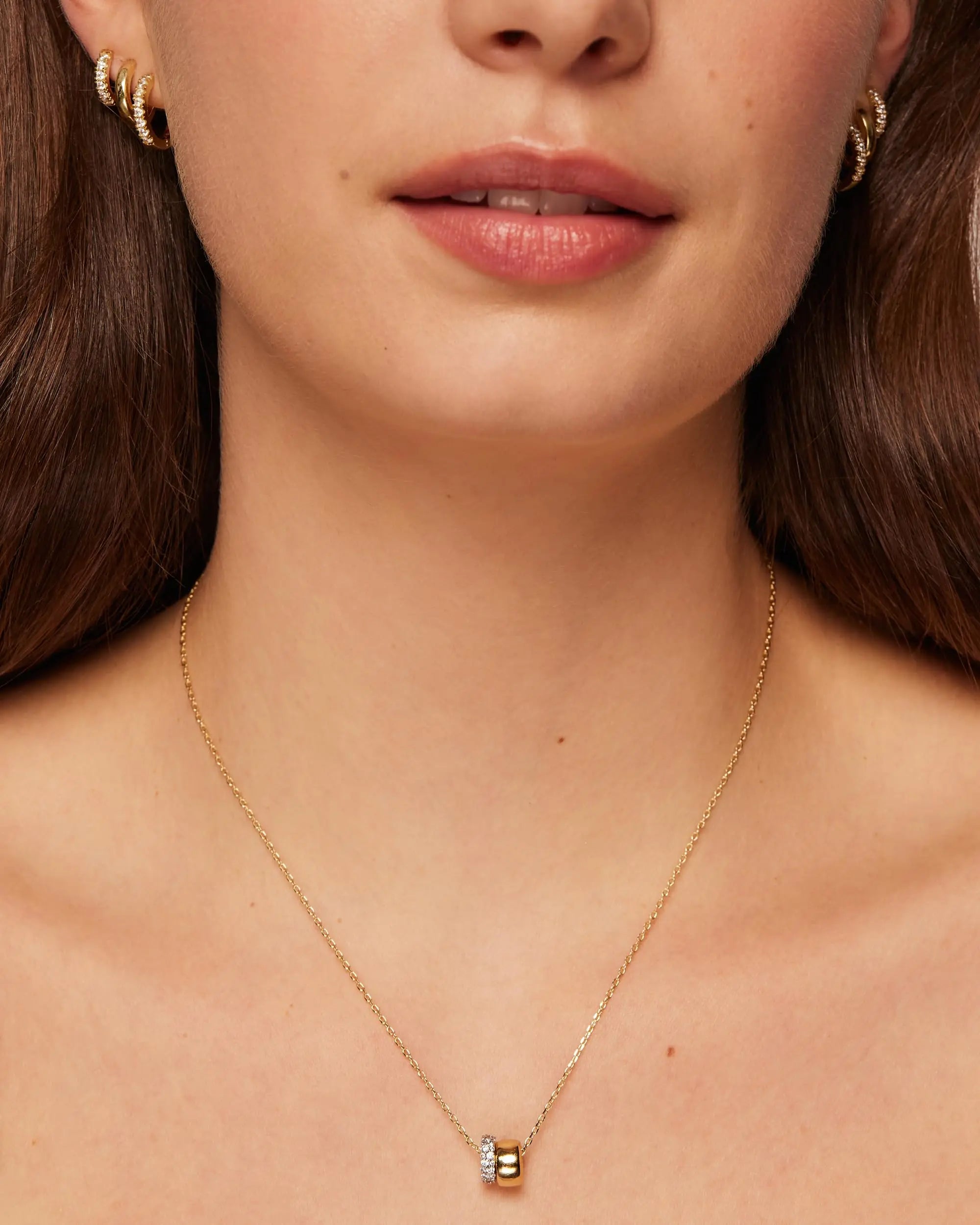 Collier Pendentif Rondelle Zircons - Plaqué Or 14K et Argent Sterling
