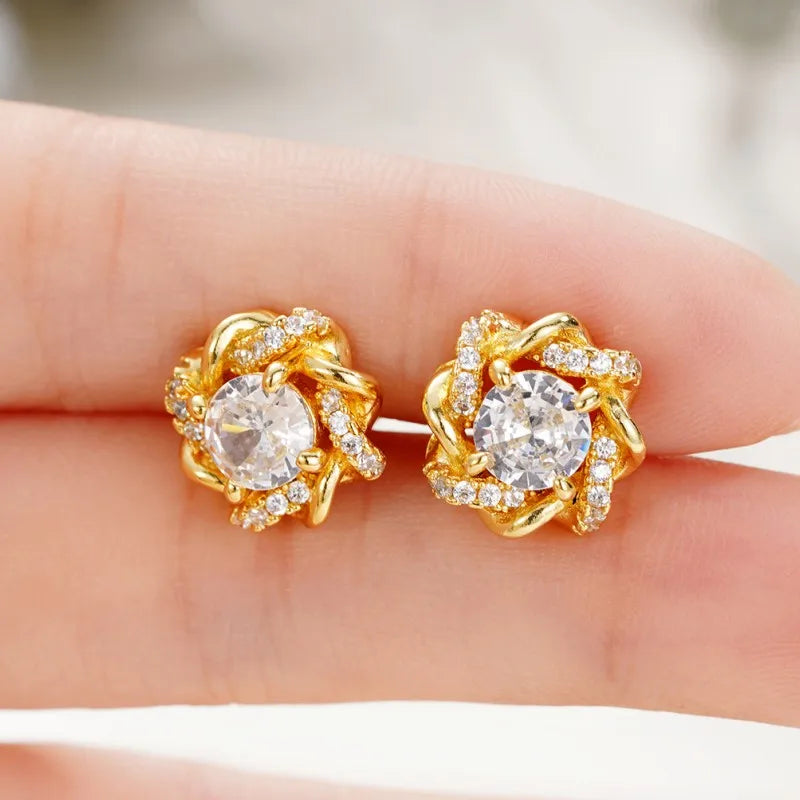 IWAMON-BIJOUX-Boucles d'Oreilles Fleur Dorées - Plaque or Brillants Femme