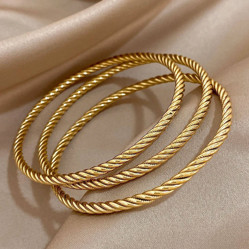 Ensemble de 3 Bracelets Joncs en Acier Inoxydable Plaqué Or 18K pour Femme Tendance Chic Torsadés