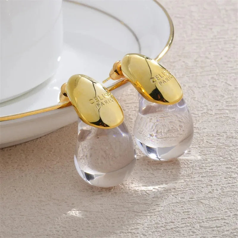 Boucles d'Oreilles Goutte d'Eau - Résine Ambrée Plaqué Or