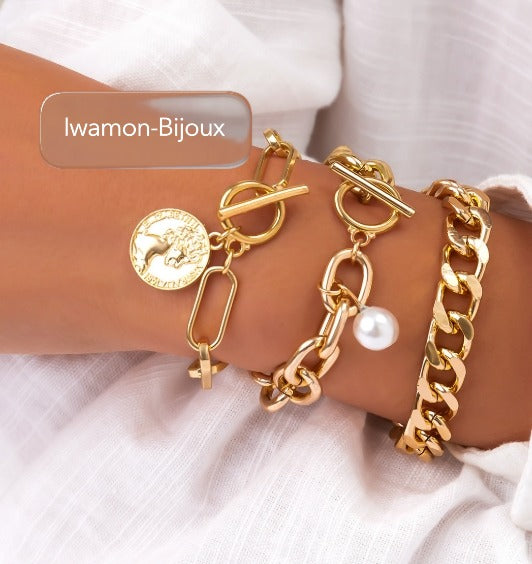 IWAMON-BIJOUX-Set de 4 bracelets dorés sophistiqués