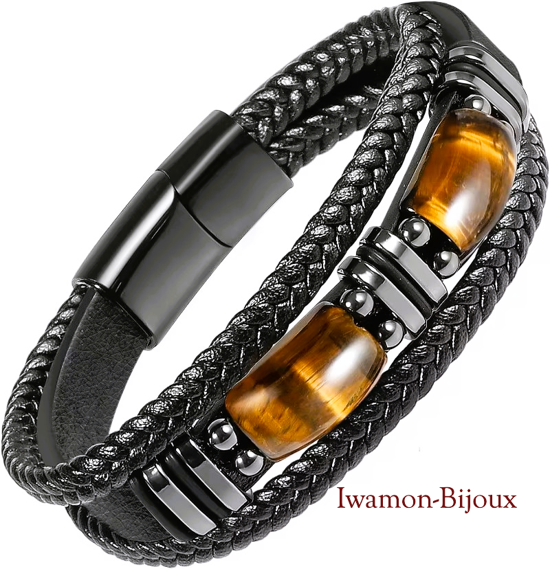 Bracelet Masculin Cuir Tressé Noir & Œil de Tigre - Puissance & ÉléganceBijou exceptionnel alliant robustesse du cuir
