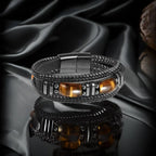 IWAMON-BIJOUX- Bracelet Masculin Cuir Tressé Noir & Œil de Tigre