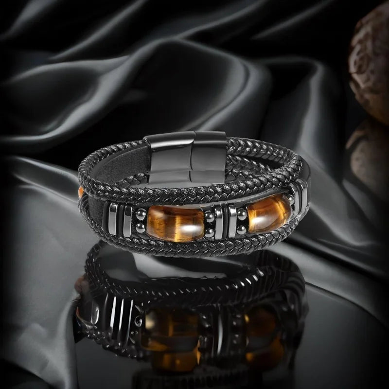 IWAMON-BIJOUX- Bracelet Masculin Cuir Tressé Noir & Œil de Tigre