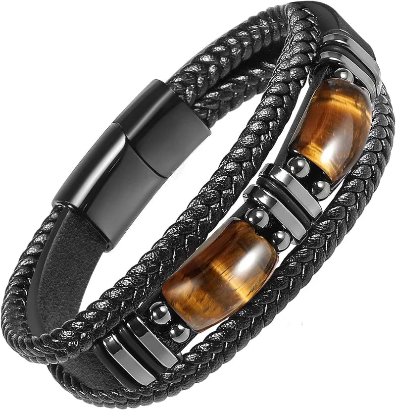 IWAMON-BIJOUX- Bracelet Masculin Cuir Tressé Noir & Œil de Tigre