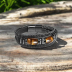 IWAMON-BIJOUX- Bracelet Masculin Cuir Tressé Noir & Œil de Tigre
