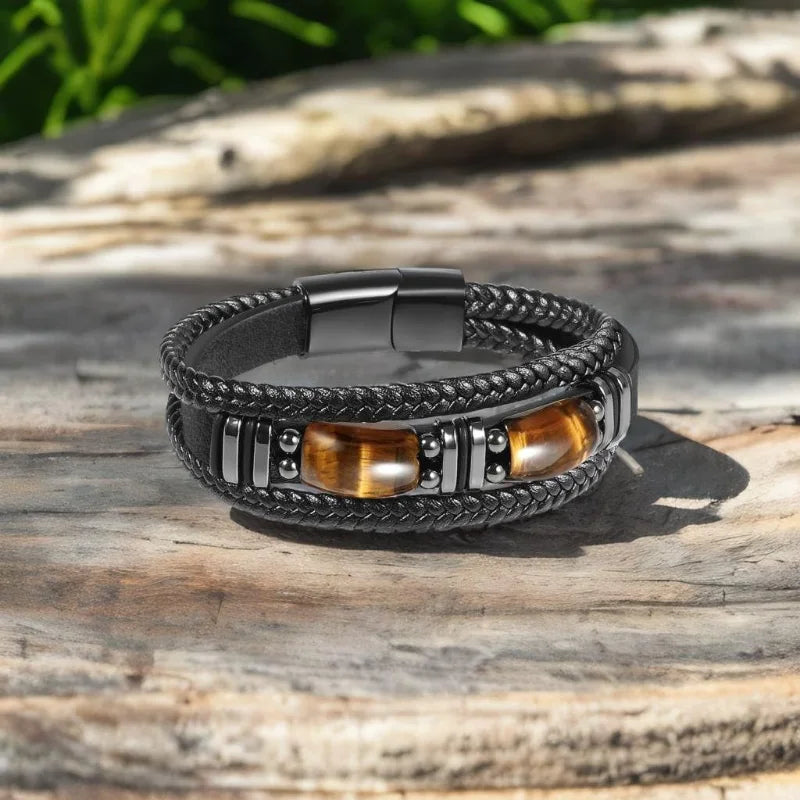 IWAMON-BIJOUX- Bracelet Masculin Cuir Tressé Noir & Œil de Tigre