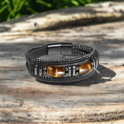 IWAMON-BIJOUX- Bracelet Masculin Cuir Tressé Noir & Œil de Tigre