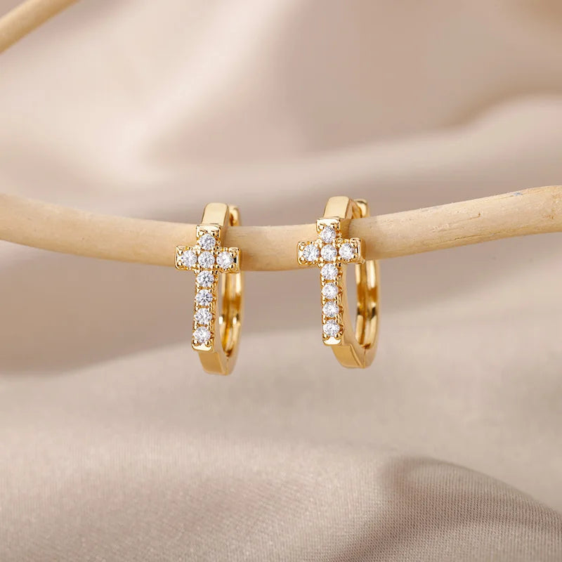 Petites Créoles Croix Zircon - Acier Inoxydable Or/Argent