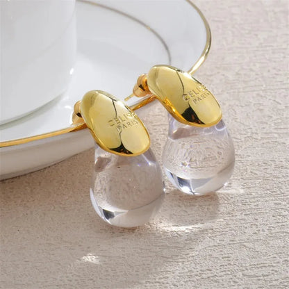 Boucles d'Oreilles Goutte d'Eau - Résine Ambrée Plaqué Or