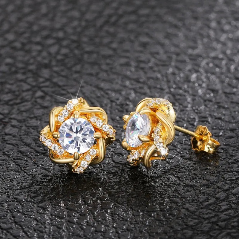 IWAMON-BIJOUX-Boucles d'Oreilles Fleur Dorées - Plaque or Brillants Femme
