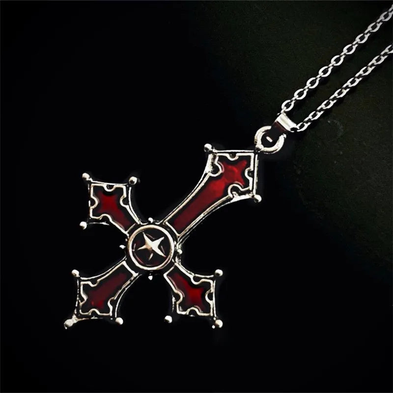 IWAMON-BIJOUX-Collier Croix Gothique Punk Rouge