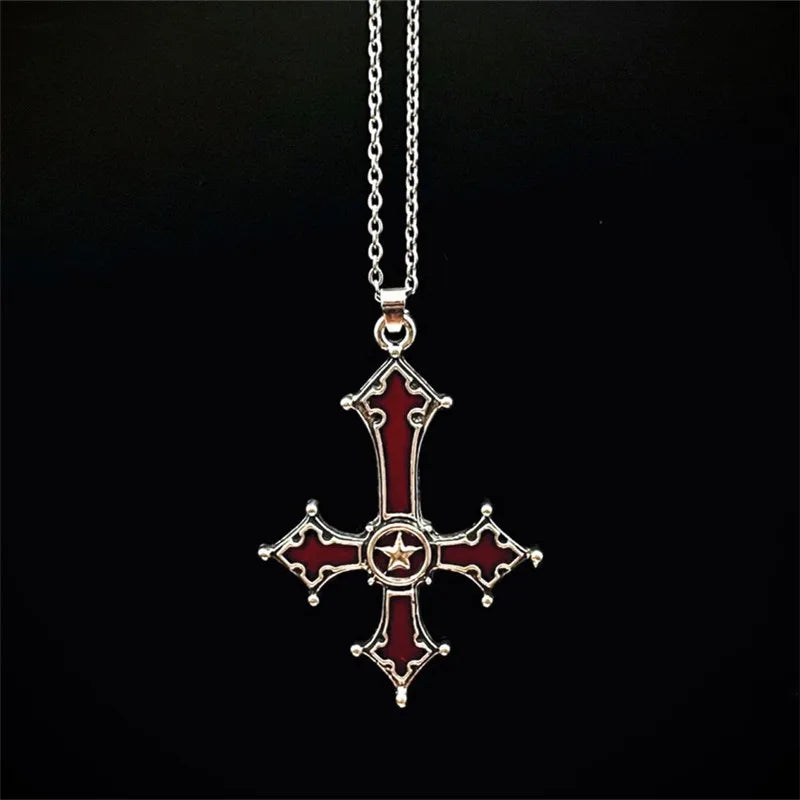 IWAMON-BIJOUX-Collier Croix Gothique Punk Rouge