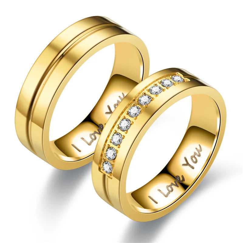 IWAMON-BIJOUX- Alliances dorées couple avec gravure "I Love You"