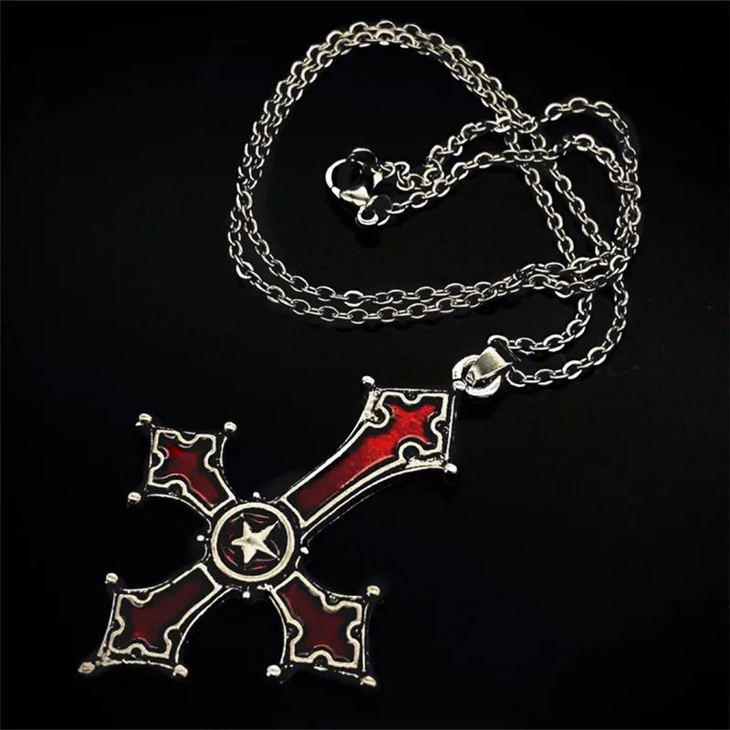 IWAMON-BIJOUX-Collier Croix Gothique Punk Rouge