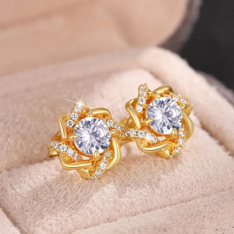 IWAMON-BIJOUX-Boucles d'Oreilles Fleur Dorées - Plaque or Brillants Femme
