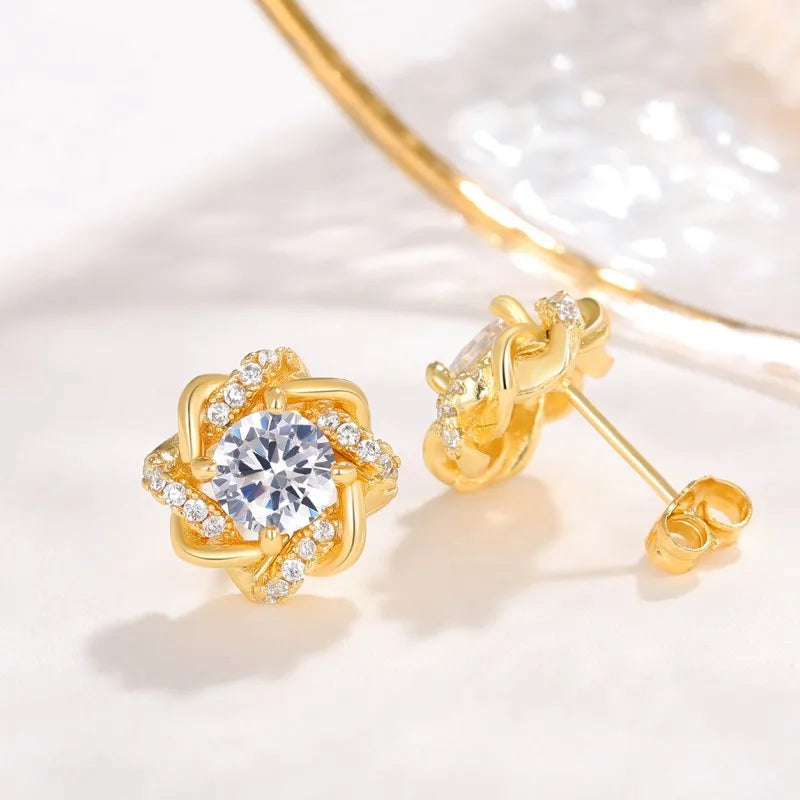 IWAMON-BIJOUX-Boucles d'Oreilles Fleur Dorées - Plaque or Brillants Femme