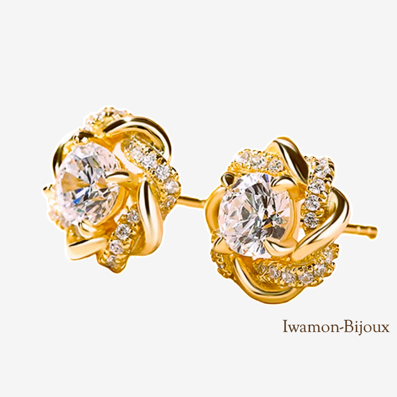IWAMON-BIJOUX-Boucles d'Oreilles Fleur Dorées - Plaque or Brillants Femme