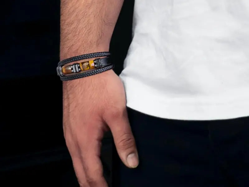 IWAMON-BIJOUX- Bracelet Masculin Cuir Tressé Noir & Œil de Tigre